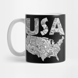 Mandala art map of the United States of America with text in white Mug